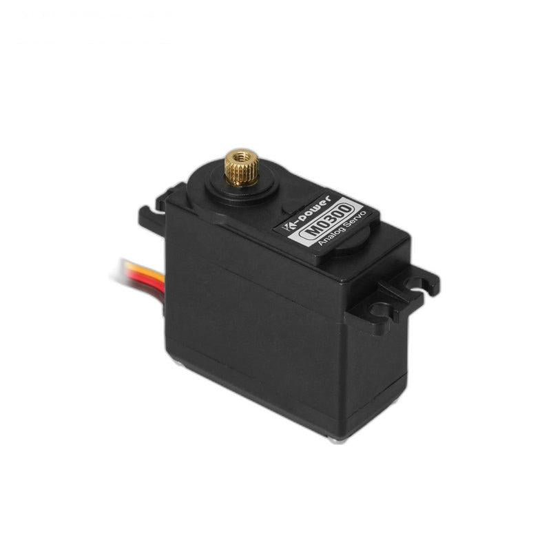 Kpower M0300 servo motor upright view with mounting tabs, lead wire, and model label on top