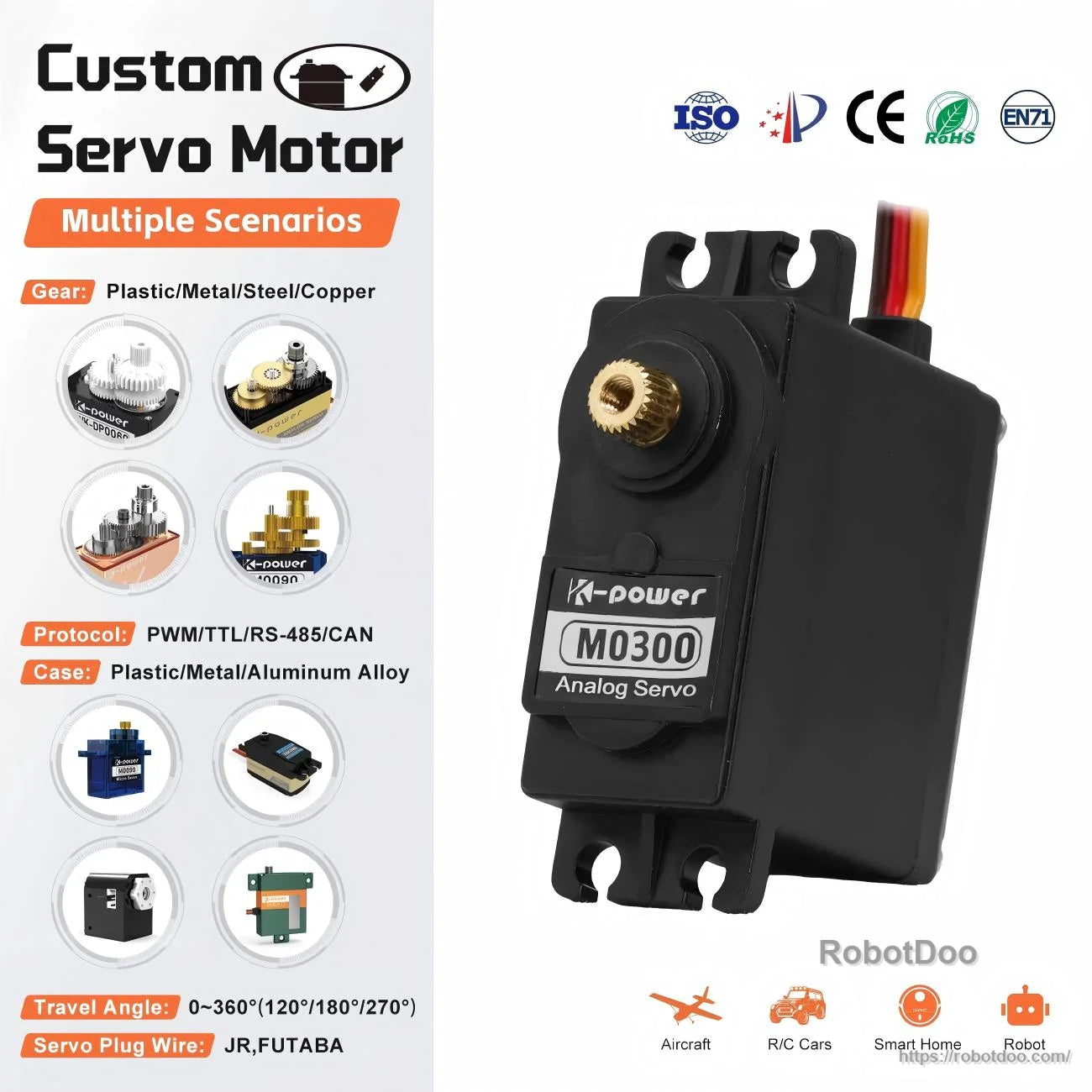 Kpower M0300 servo motor analog actuator with metal gear output spline and JR/Futaba lead