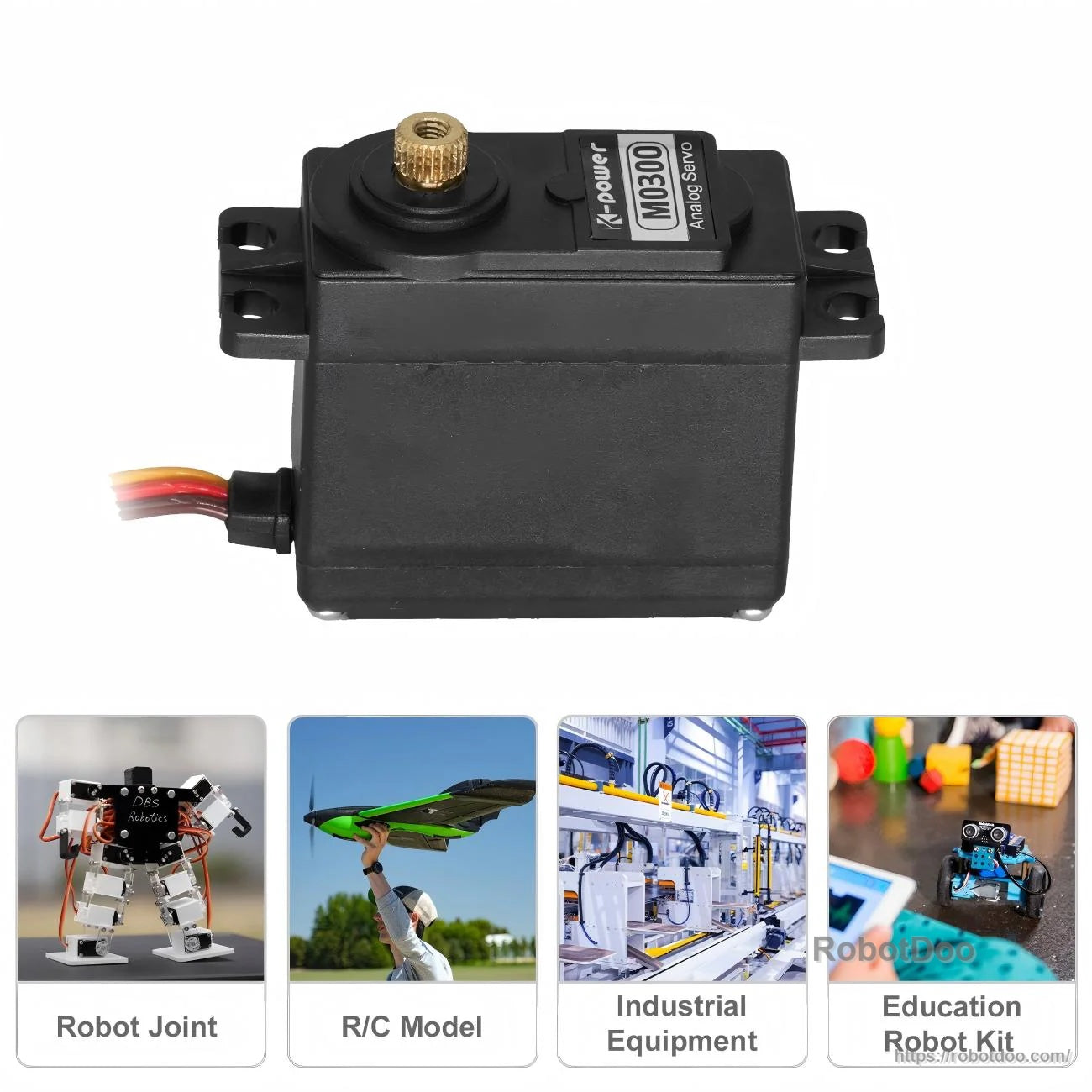 Kpower M0300 servo motor side view with mounting tabs, output shaft and 3-wire servo lead