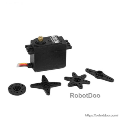 Servo motor kit contents with Kpower M0600 unit and five plastic servo horn attachments