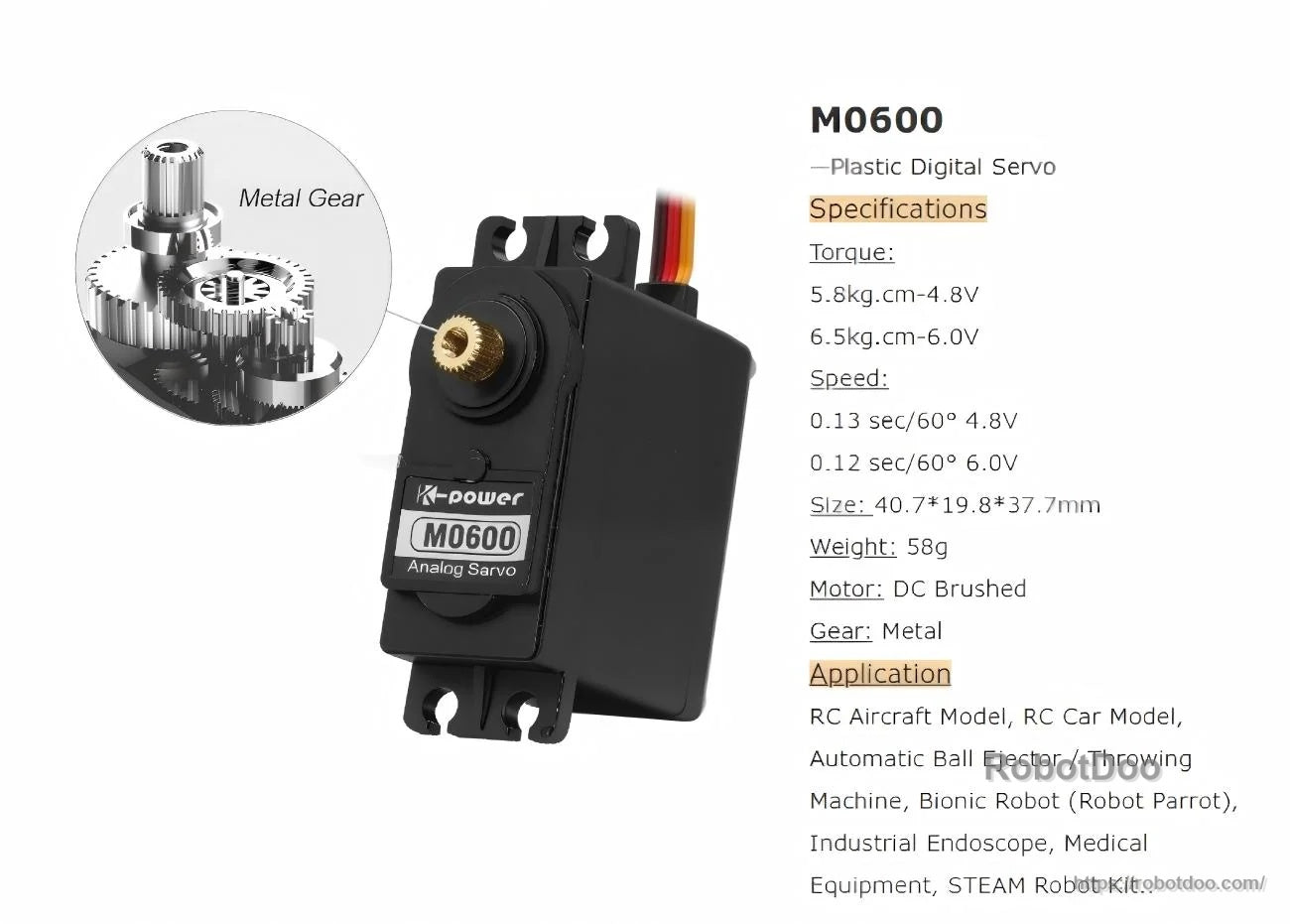 Kpower M0600 servo motor specifications graphic listing torque, speed, size, weight, and DC brushed motor type