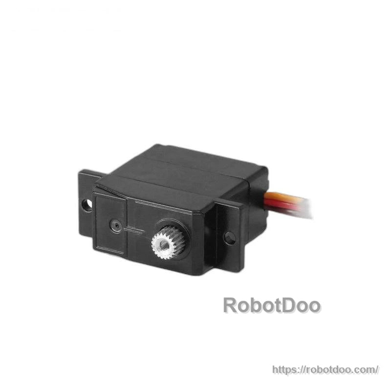 Micro servo motor lying flat, front face and metal output spline visible with side wire lead