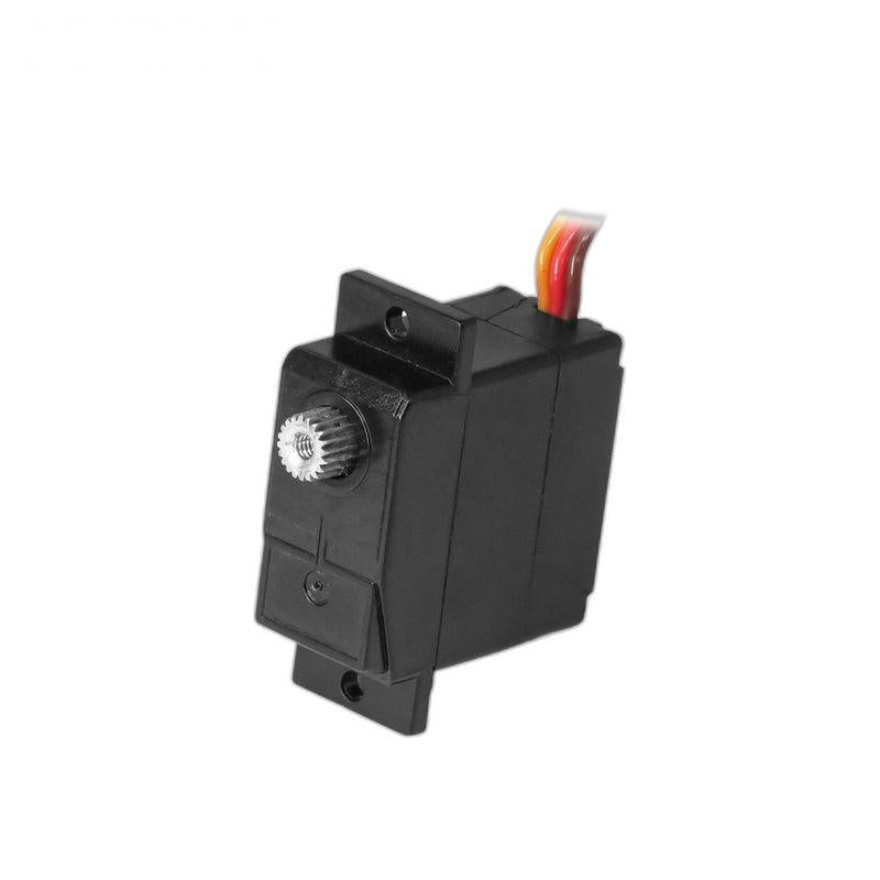 Micro servo front view showing metal output spline, mounting tabs, and cable exit at top