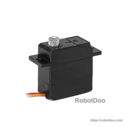 Side profile of black micro servo with mounting flanges and metal output shaft (RobotDoo watermark)