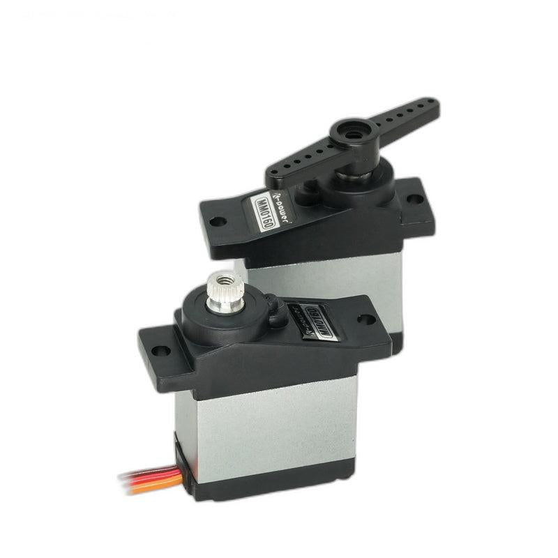 Two Kpower MM0160 micro servos shown together, one fitted with a long servo horn on the shaft