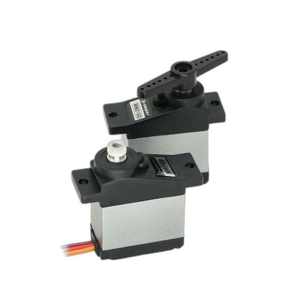 Two Kpower MM0160 micro servos shown together, one fitted with a long servo horn on the shaft