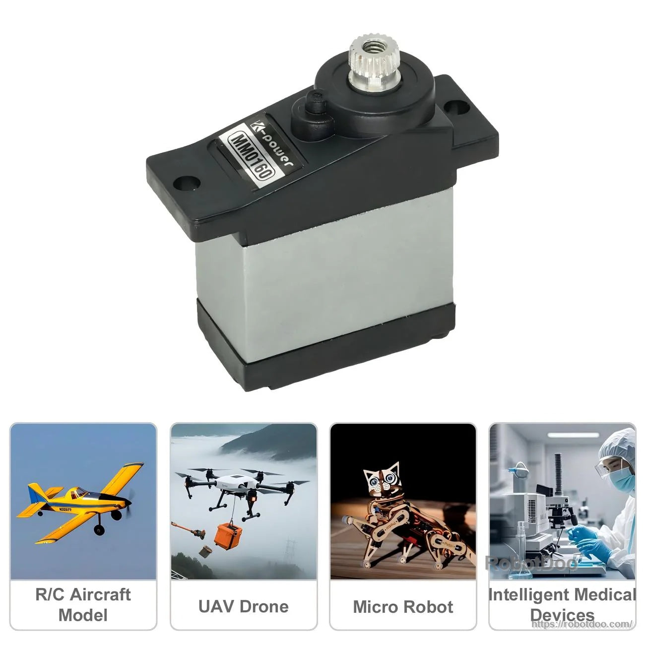 Kpower MM0160 micro servo motor angled view showing mounting tabs and 25T output spline