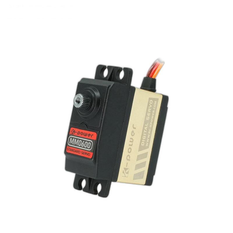Kpower MM0600 servo motor angled view with output spline, mounting tabs and lead wire