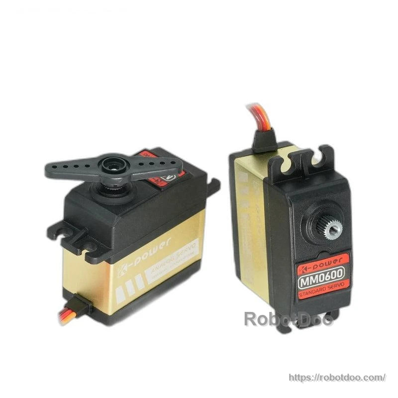 Two MM0600 servos shown together, one with horn installed and one front view with spline