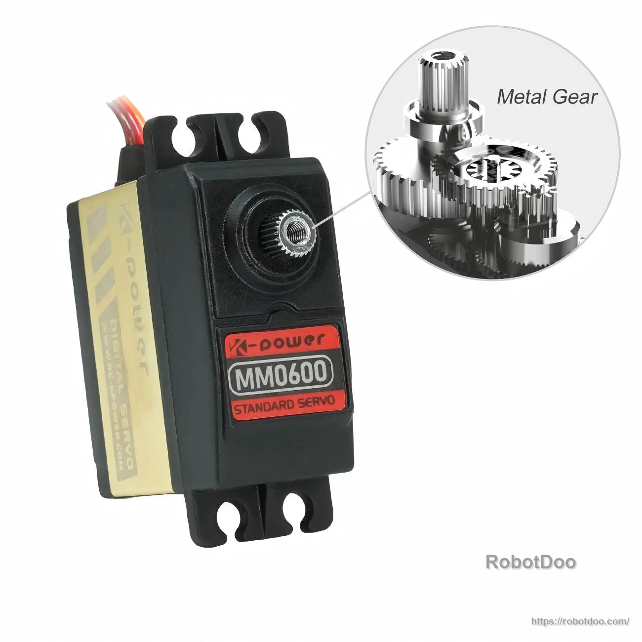 Side view of MM0600 standard servo with output shaft and callout for metal gear train