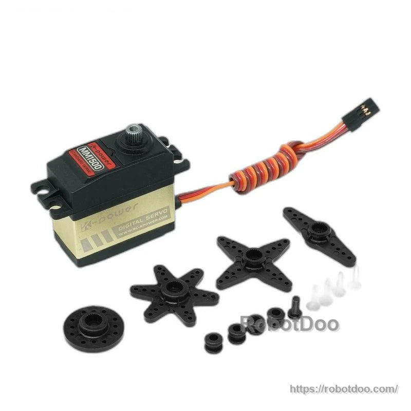 Kpower MM1500 servo kit with 3-pin lead, assorted servo horns, screws and bushings