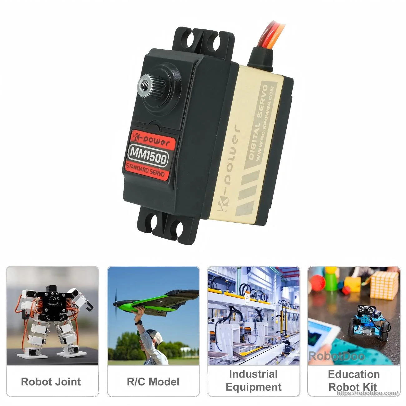 Angled view of Kpower MM1500 servo with 3-wire lead, for RC models and robot joints