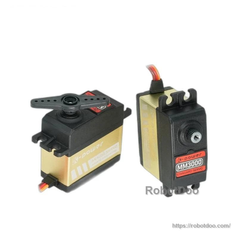 Two-angle view of MM3000 servo motor with horn installed and front view side by side