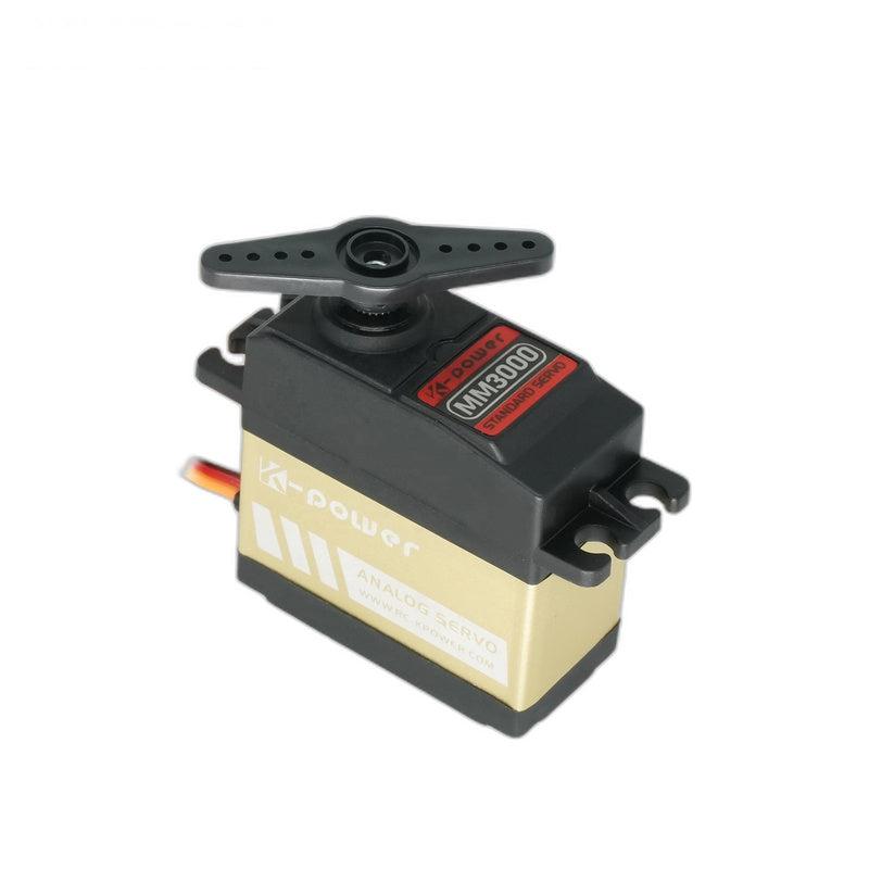 MM3000 servo motor with installed single arm horn, angled top view showing mounting ears and lead wire