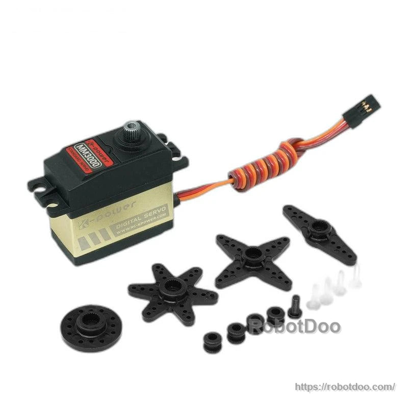 Servo motor kit contents: MM3000 servo, lead with connector, horns, screws, grommets and mounting hardware