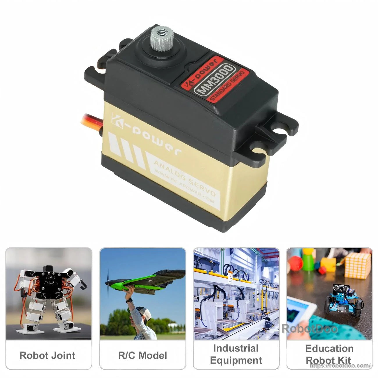 Kpower MM3000 servo motor with 25T metal output spline and mounting tabs, black and gold case