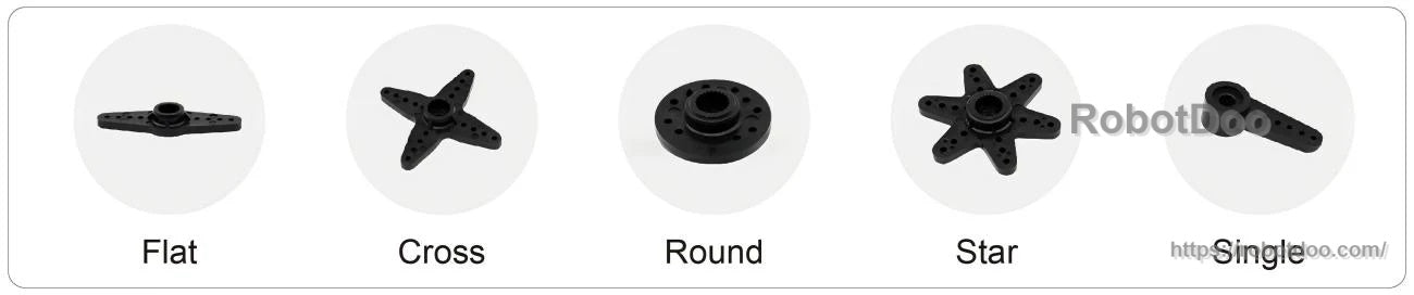 Set of servo horn shapes labeled flat, cross, round, and star for different linkage and mounting styles