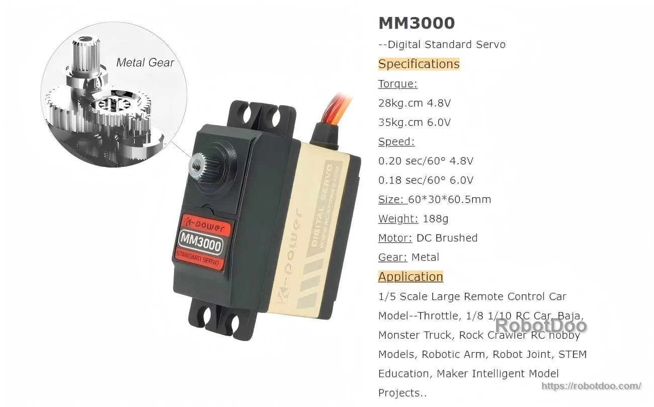 MM3000 servo motor specification sheet showing torque, speed, size, weight, brushed DC motor, and metal gear