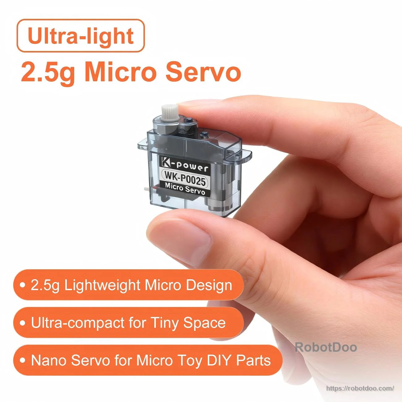 Ultra-light 2.5g P0025 micro servo held between fingers to show compact size