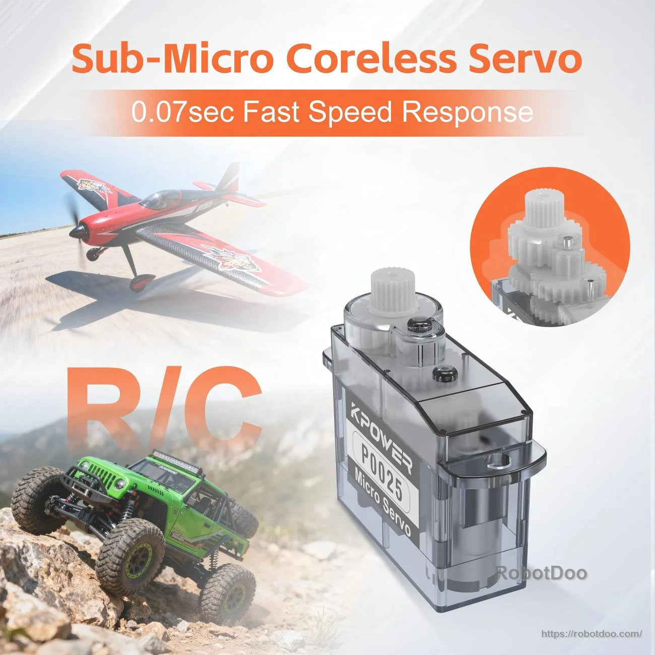 Coreless sub-micro servo for RC use, highlighting fast response and internal plastic gear train