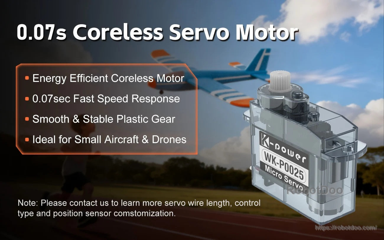 0.07s coreless micro servo motor promo with notes about customization for wire length and control type