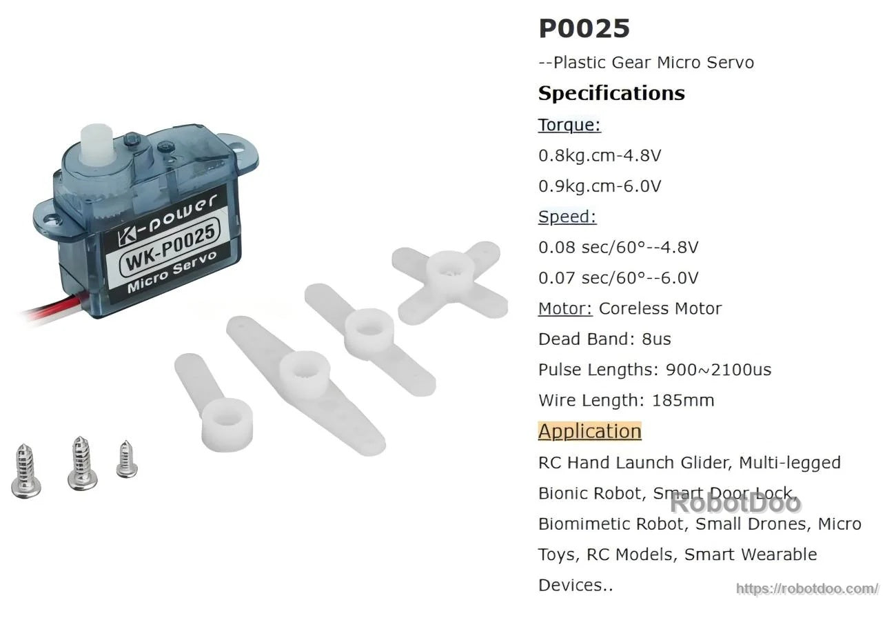 WK-P0025 micro servo with included servo horns and screws beside printed specifications list