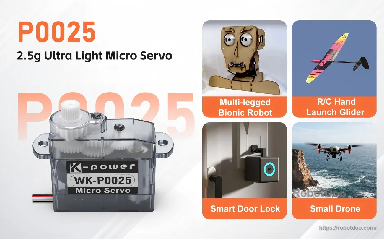 P0025 2.5g ultra-light micro servo with example applications: bionic robot, hand-launch glider, door lock, drone