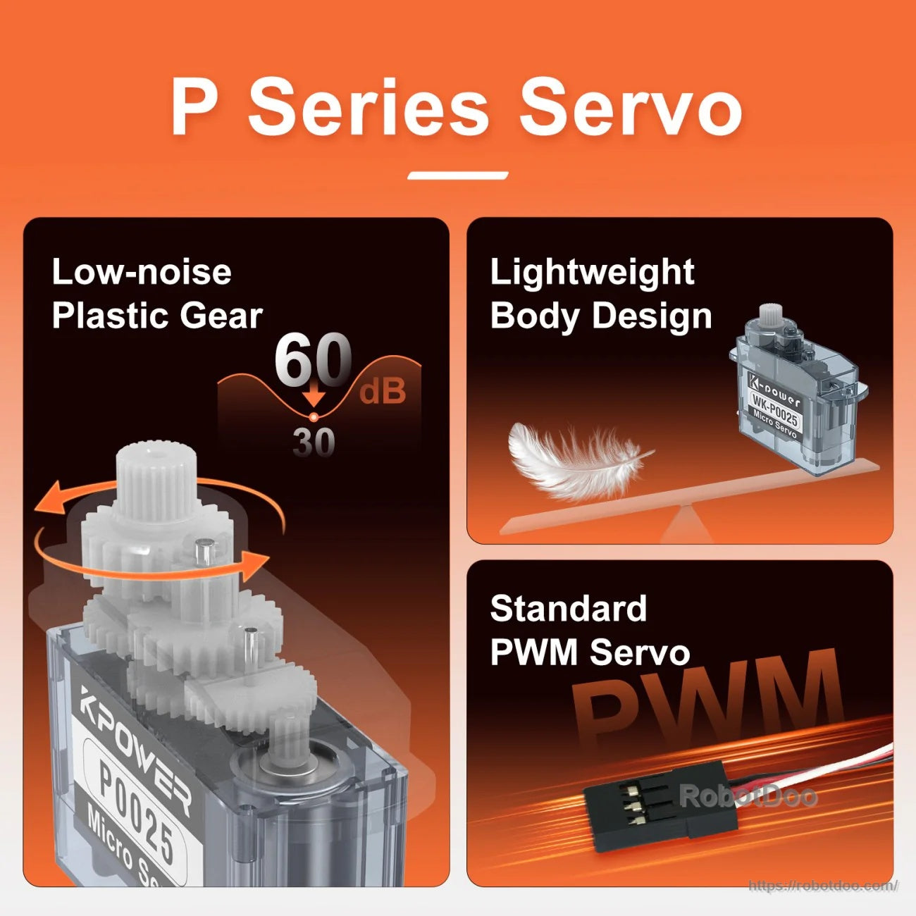 P series servo feature graphic: low-noise plastic gear, lightweight body design, and standard PWM control