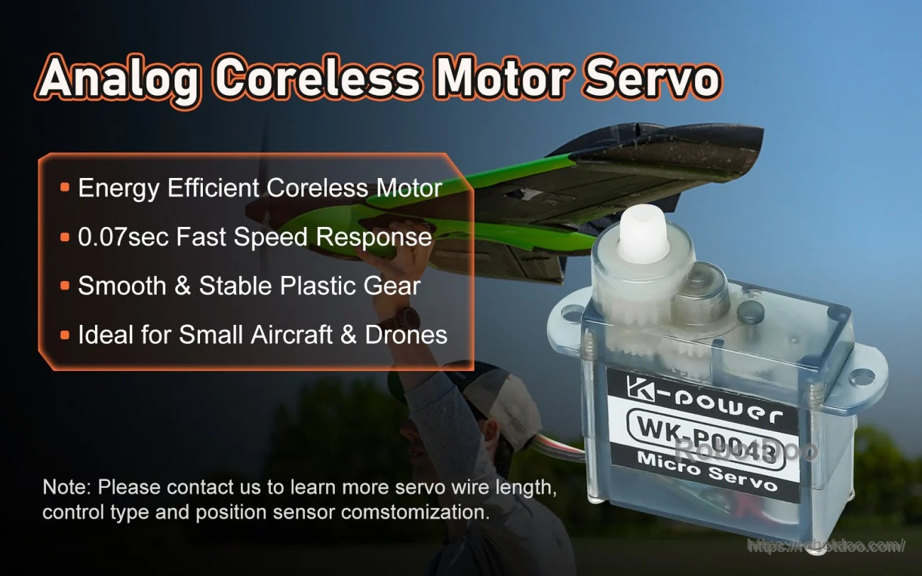Analog coreless motor servo graphic noting energy efficient motor, fast response, smooth plastic gear, small aircraft use