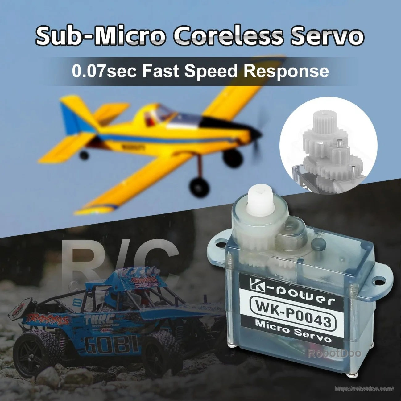 Sub-micro coreless servo promotional image highlighting 0.07 sec/60° response and compact geartrain