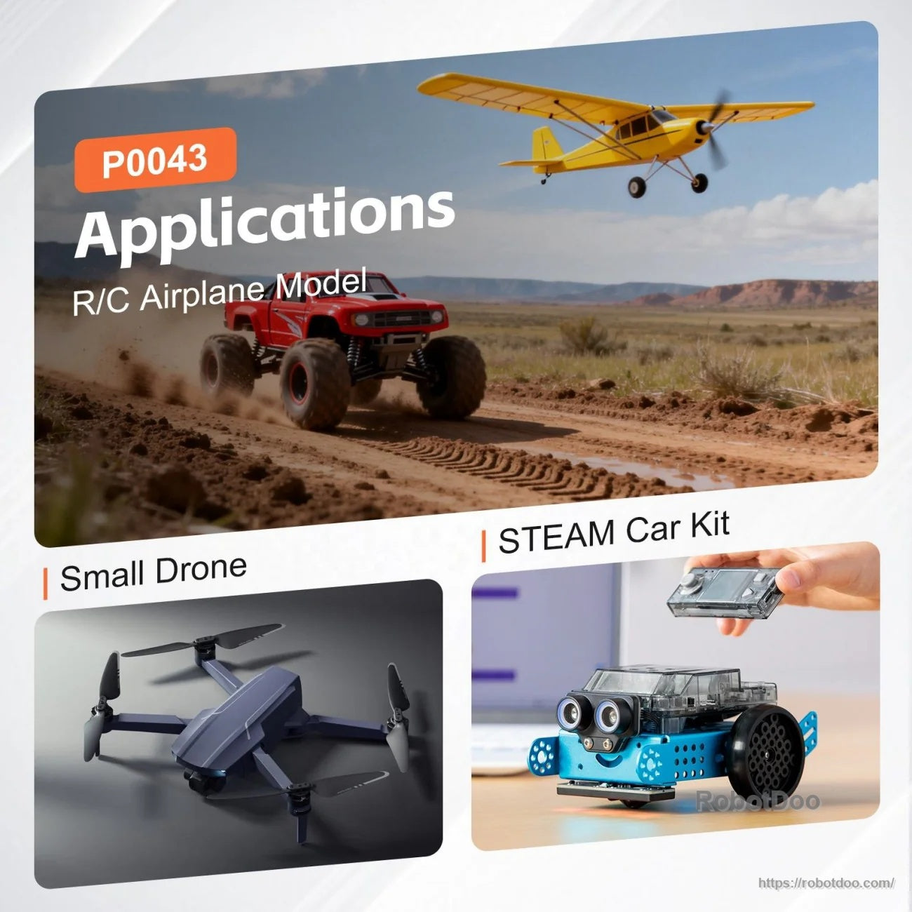 P0043 applications collage for RC airplane models, off-road RC cars, small drones, and STEAM car kits