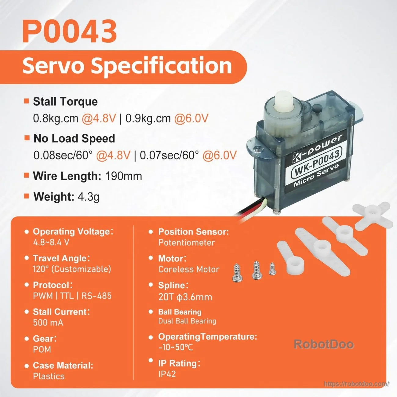 P0043 servo specifications graphic with torque, speed, voltage range, 190 mm wire, and included horns/screws
