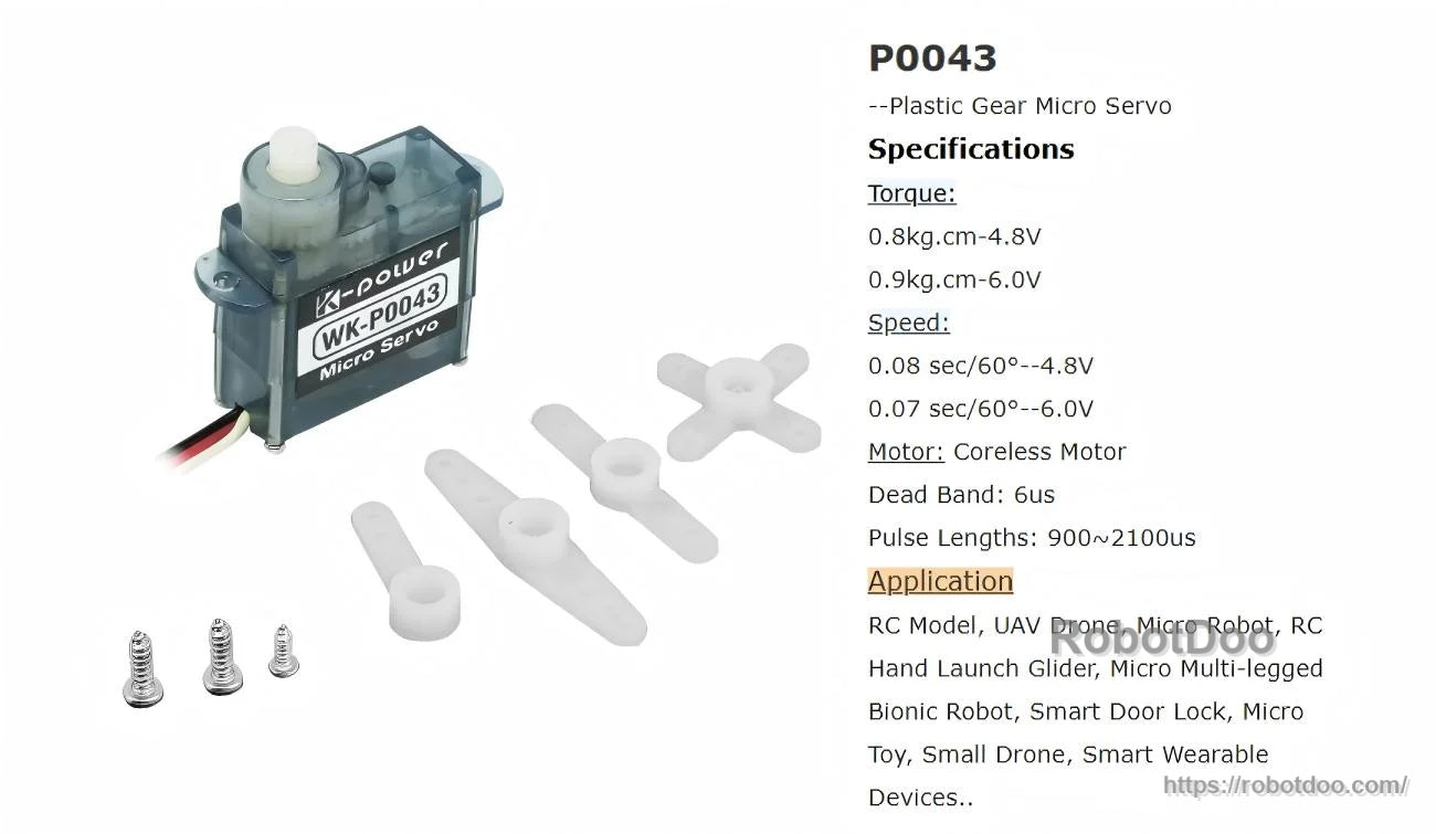 Kpower WK-P0043 micro servo with accessory horns and screws, plus basic torque/speed pulse-width notes