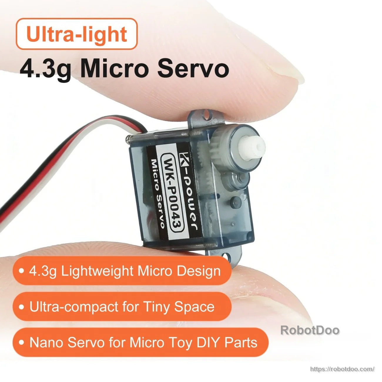 Ultra-light 4.3g micro servo size comparison held between fingers, WK-P0043 label visible