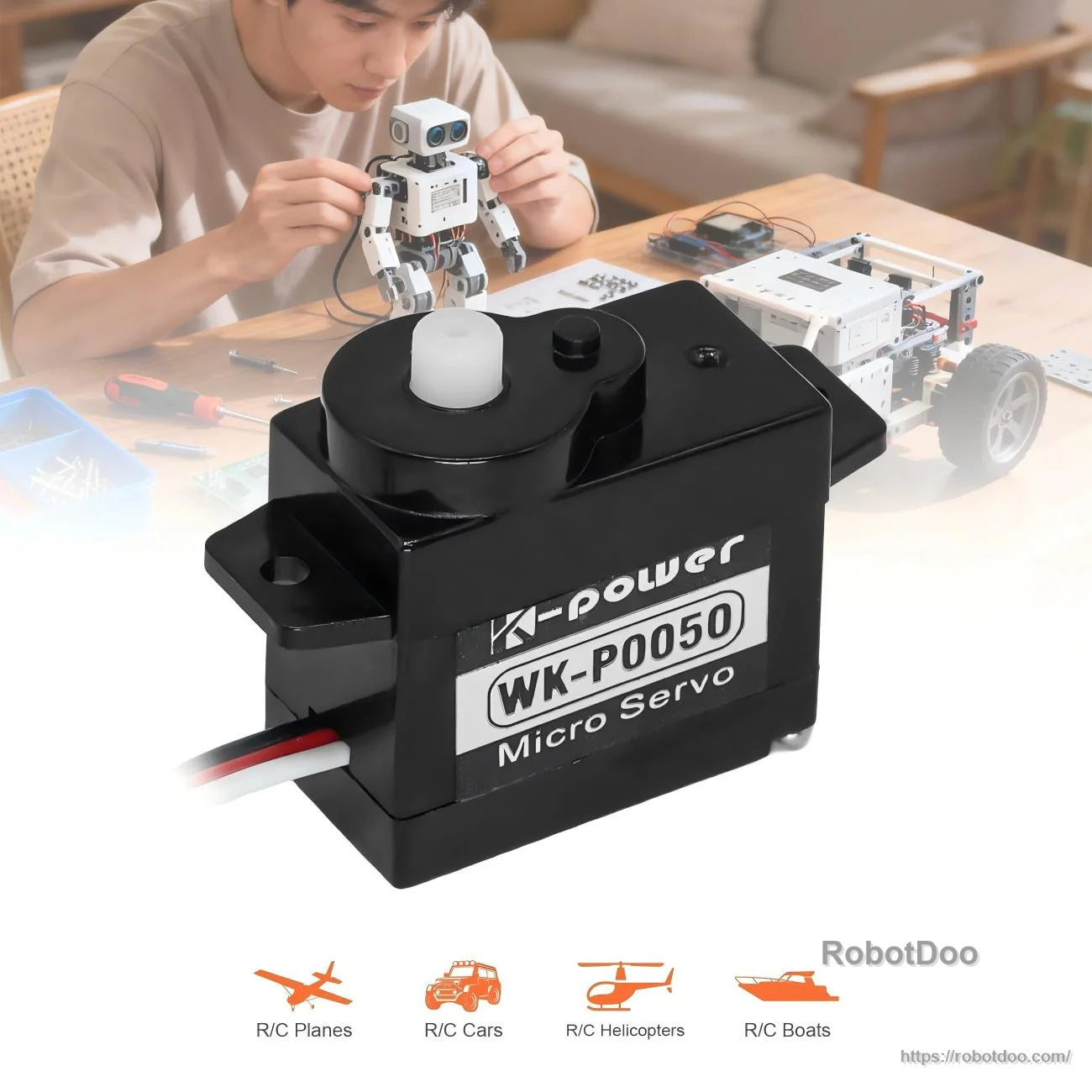 Kpower WK-P0050 (P0050) 5g micro servo motor with mounting tabs and 3-wire lead, labeled “Micro Servo”