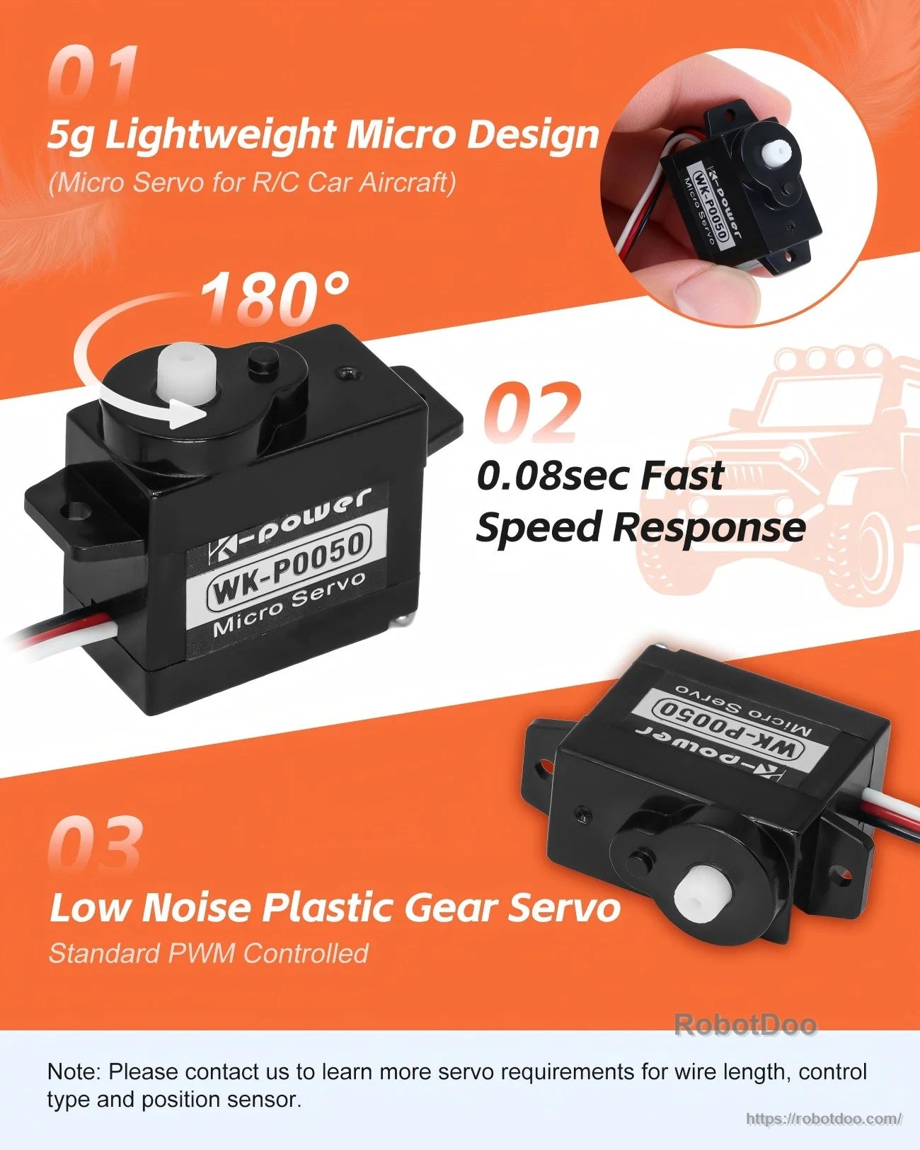 Feature infographic for 5g micro servo: lightweight design, 180° travel, 0.08s fast response, and low-noise plastic gear servo