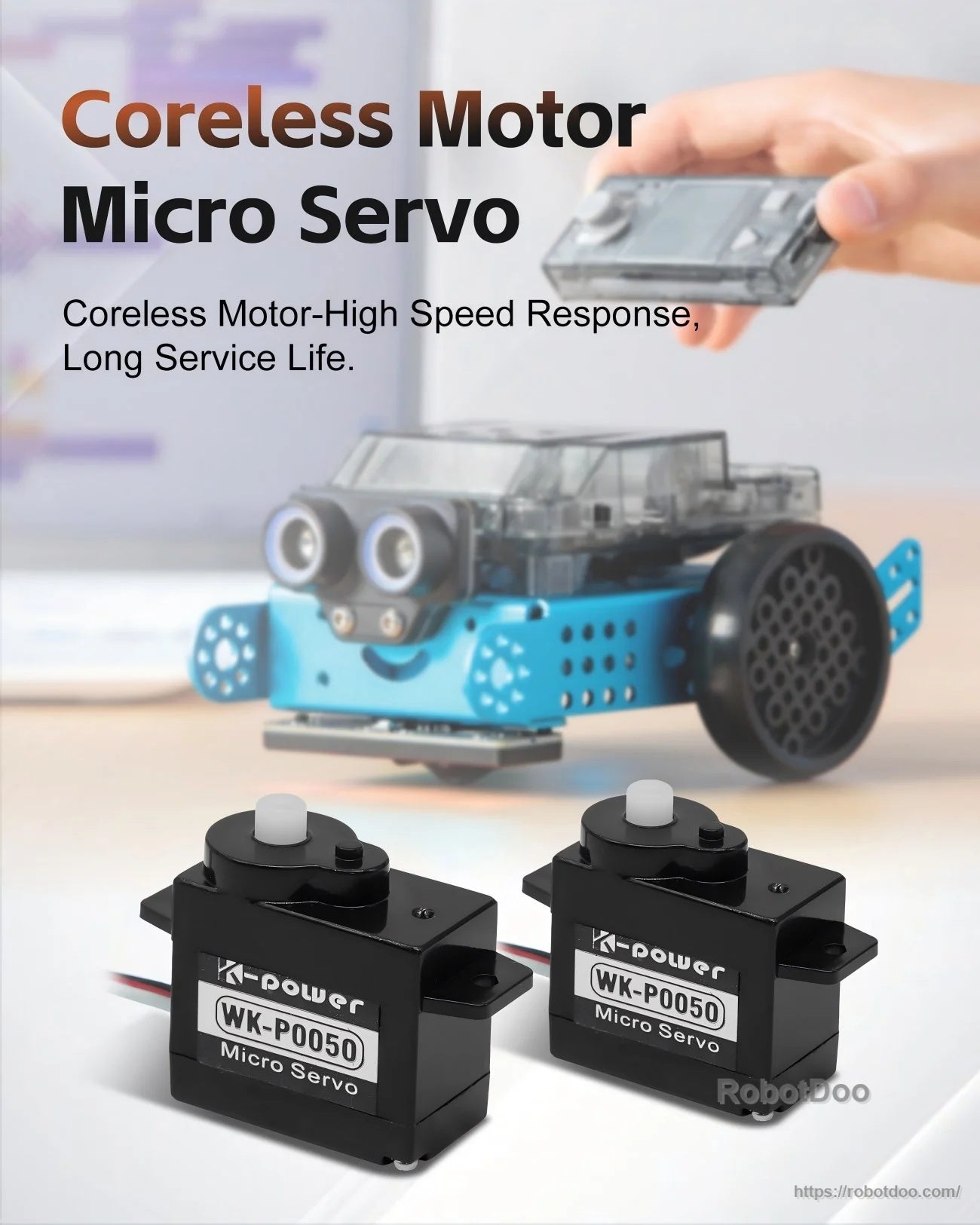 Coreless motor micro servo lifestyle image with two WK-P0050 servos beside a small robot car project