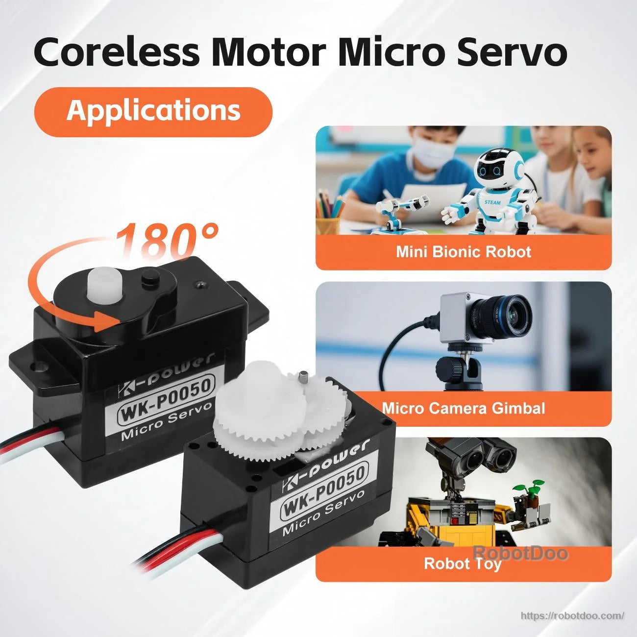 Coreless motor micro servo application graphic with 180° travel arrow and examples: mini bionic robot, camera gimbal, robot toy