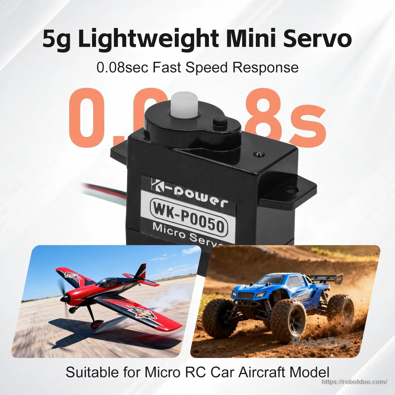 WK-P0050 5g lightweight mini servo graphic highlighting 0.08s response and use in micro RC aircraft and RC cars