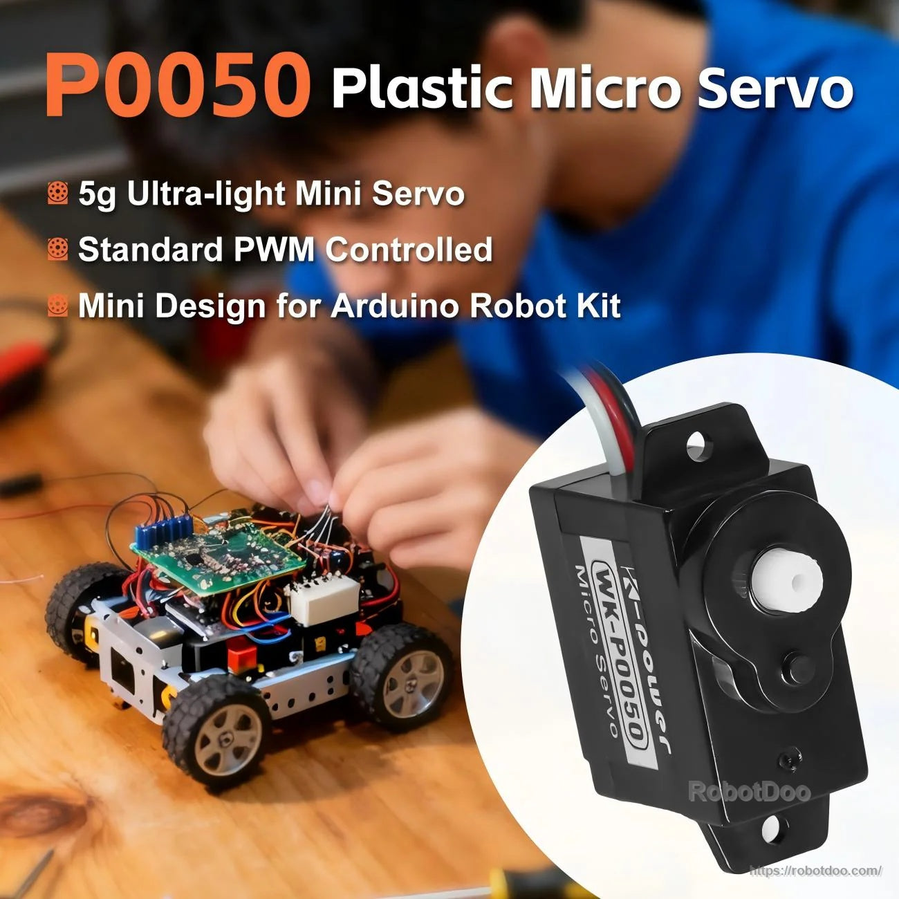 P0050 plastic micro servo promo with key points: 5g ultra-light, standard PWM control, mini servo for Arduino robot kits