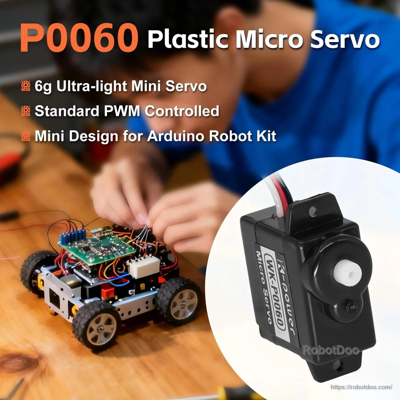 P0060 plastic micro servo highlighted for Arduino robot kit use, 6g ultra-light and standard PWM control