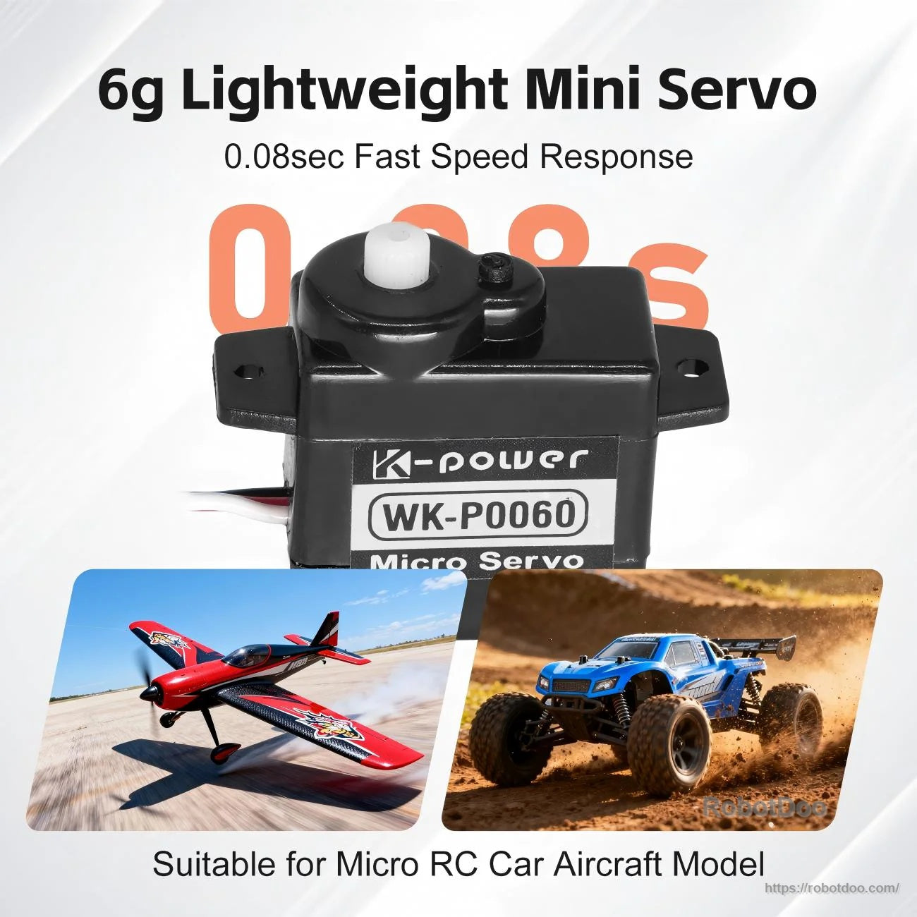 WK-P0060 6g lightweight mini servo promo with RC airplane and off-road RC car application examples