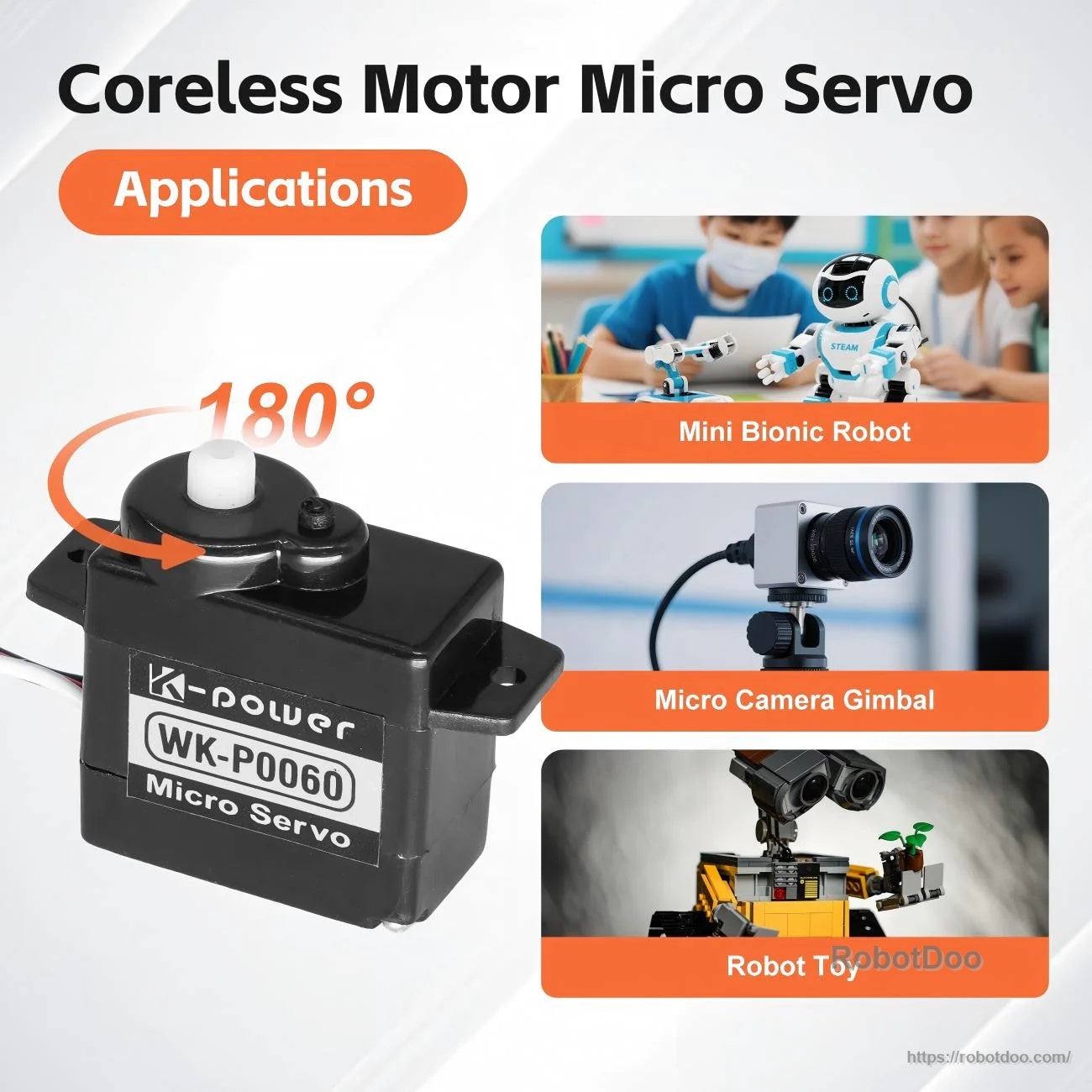 WK-P0060 micro servo applications graphic showing 180° travel concept, mini bionic robot and micro camera gimbal