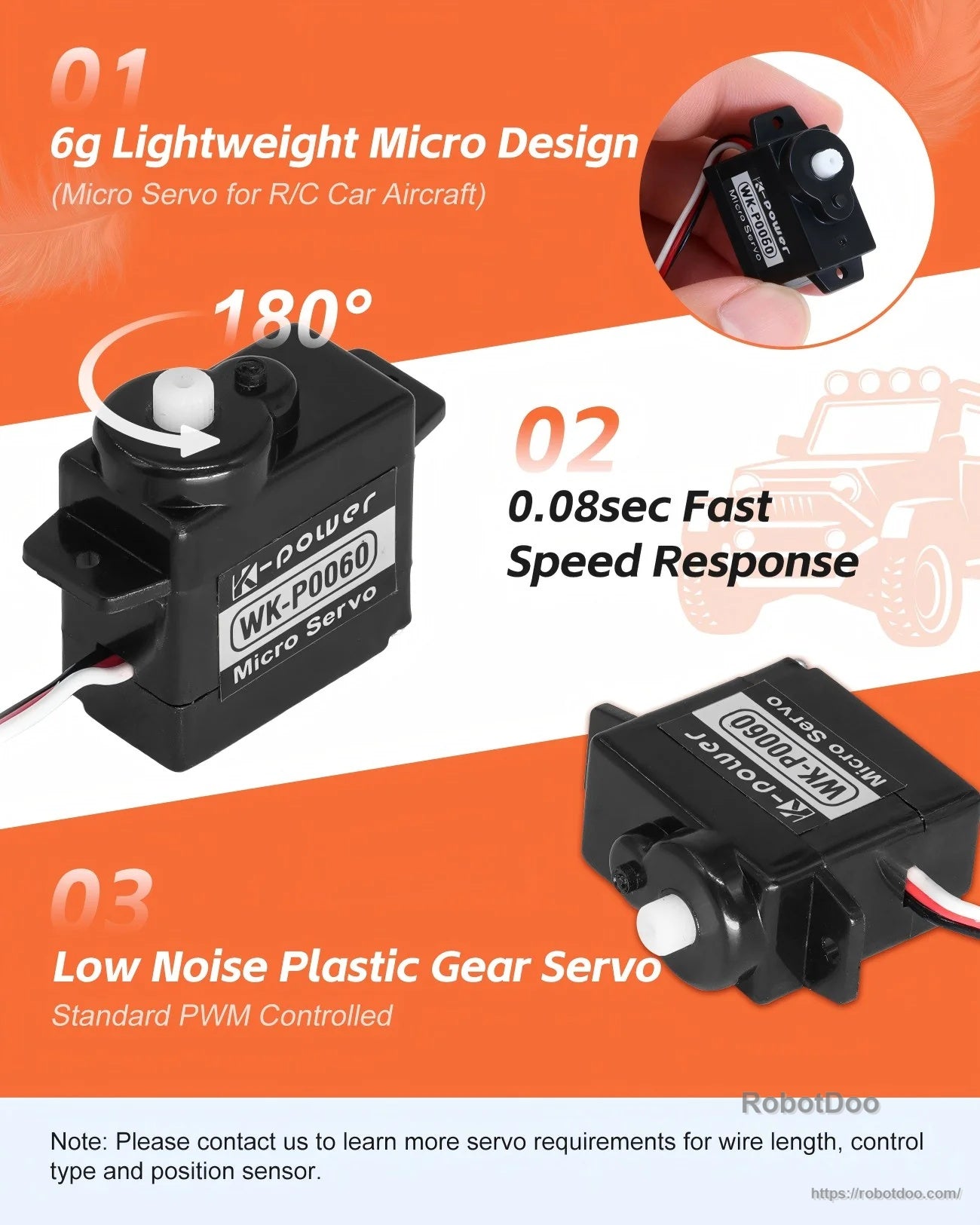 WK-P0060 micro servo features graphic highlighting 6g design, 180° travel concept, 0.08 sec response, PWM and plastic gears