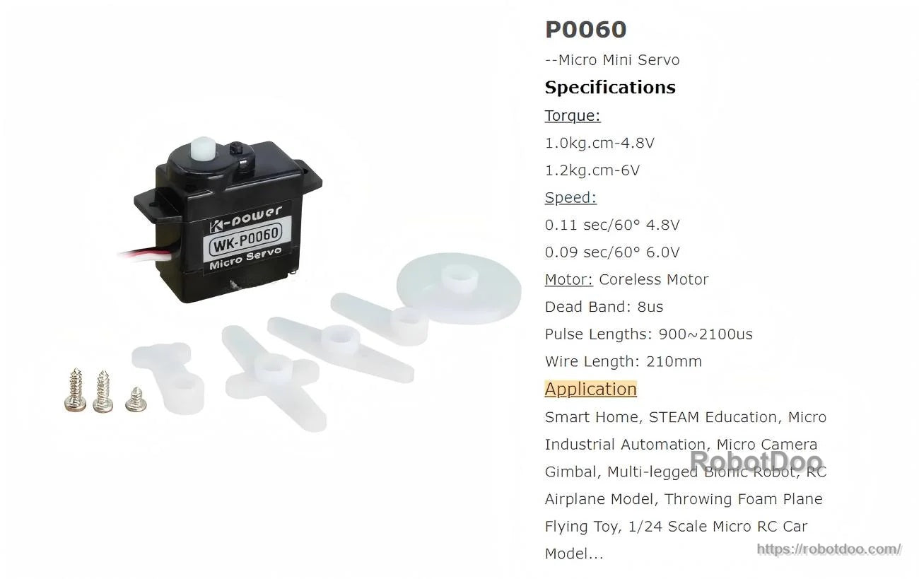P0060 mini servo kit contents with horn set, mounting screws, and printed specifications list