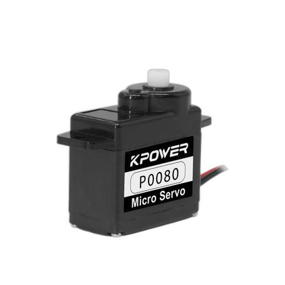 Kpower P0080 8g plastic micro servo motor, angled view with P0080 Micro Servo label