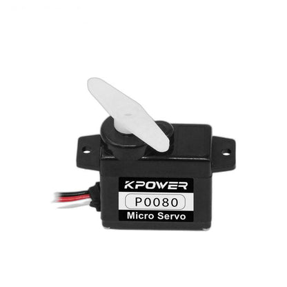 Front view of Kpower P0080 micro servo with white servo horn attached and mounting tabs