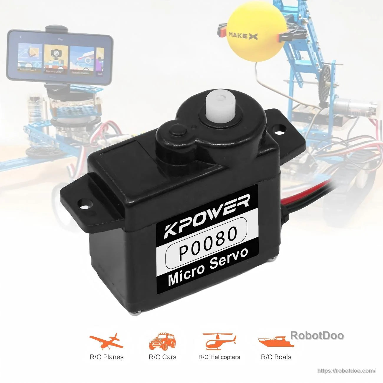 Kpower P0080 8g plastic micro servo motor with mounting tabs and output spline, labeled “P0080 Micro Servo”