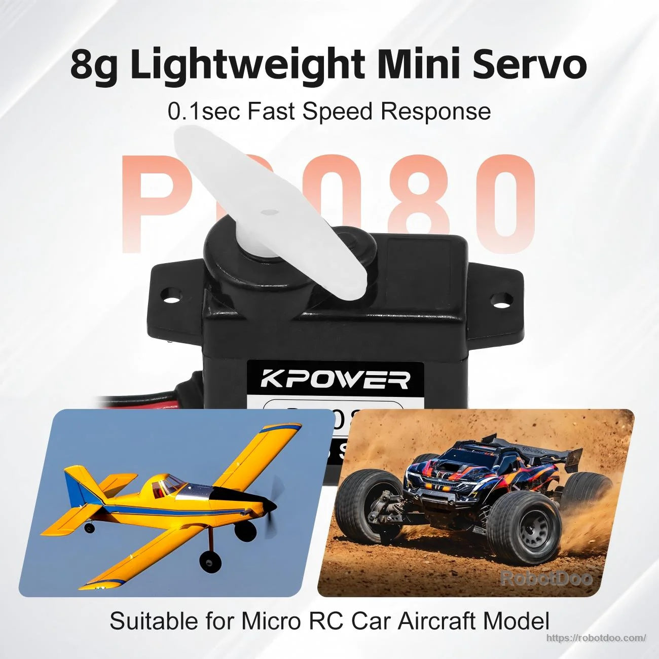 Close-up of P0080 mini servo with long white servo horn, suited for micro RC car and aircraft models