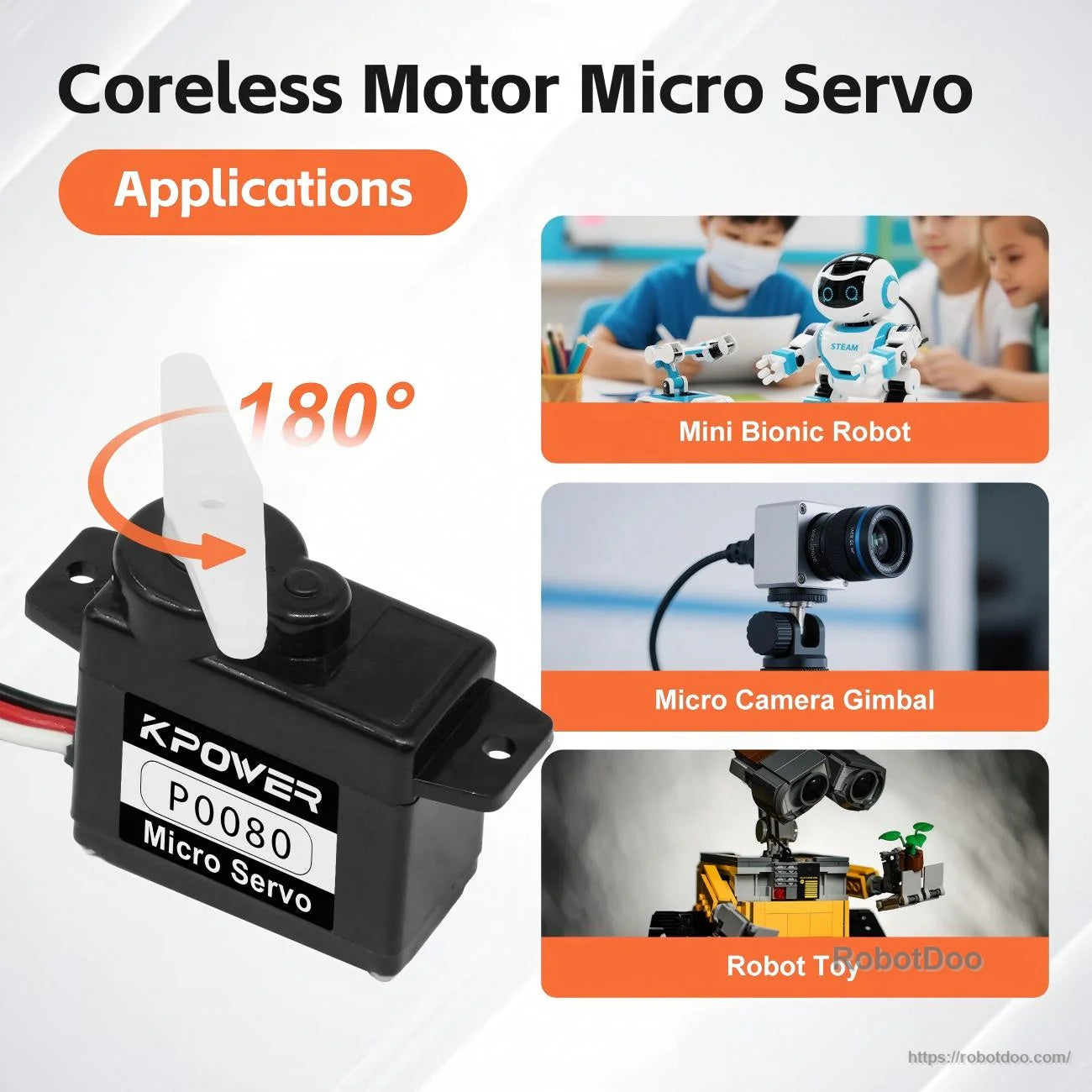 P0080 coreless micro servo applications graphic highlighting 180° rotation plus robots and camera gimbal use